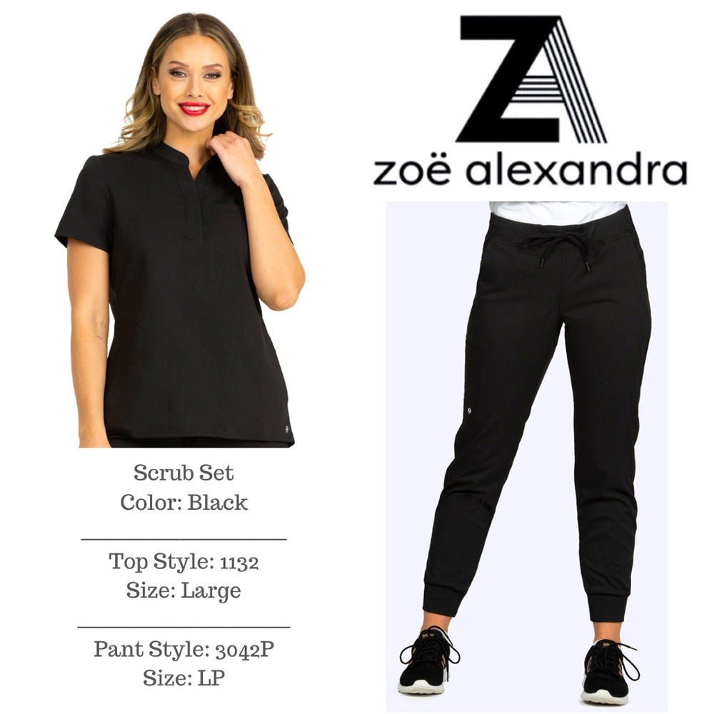 Zoe Alexander Black Scrub Set, Tuck-In Top & Joggers, Size: Large & LP